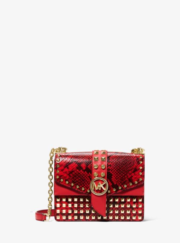 Damske Spojková Taška Michael Kors Greenwich Small Studded Snake Embossed Leather Červené - Kabelky Michael Kors Lacne | JVRUK-8705